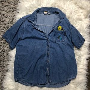 Vintage looney tunes tweety bird denim button up